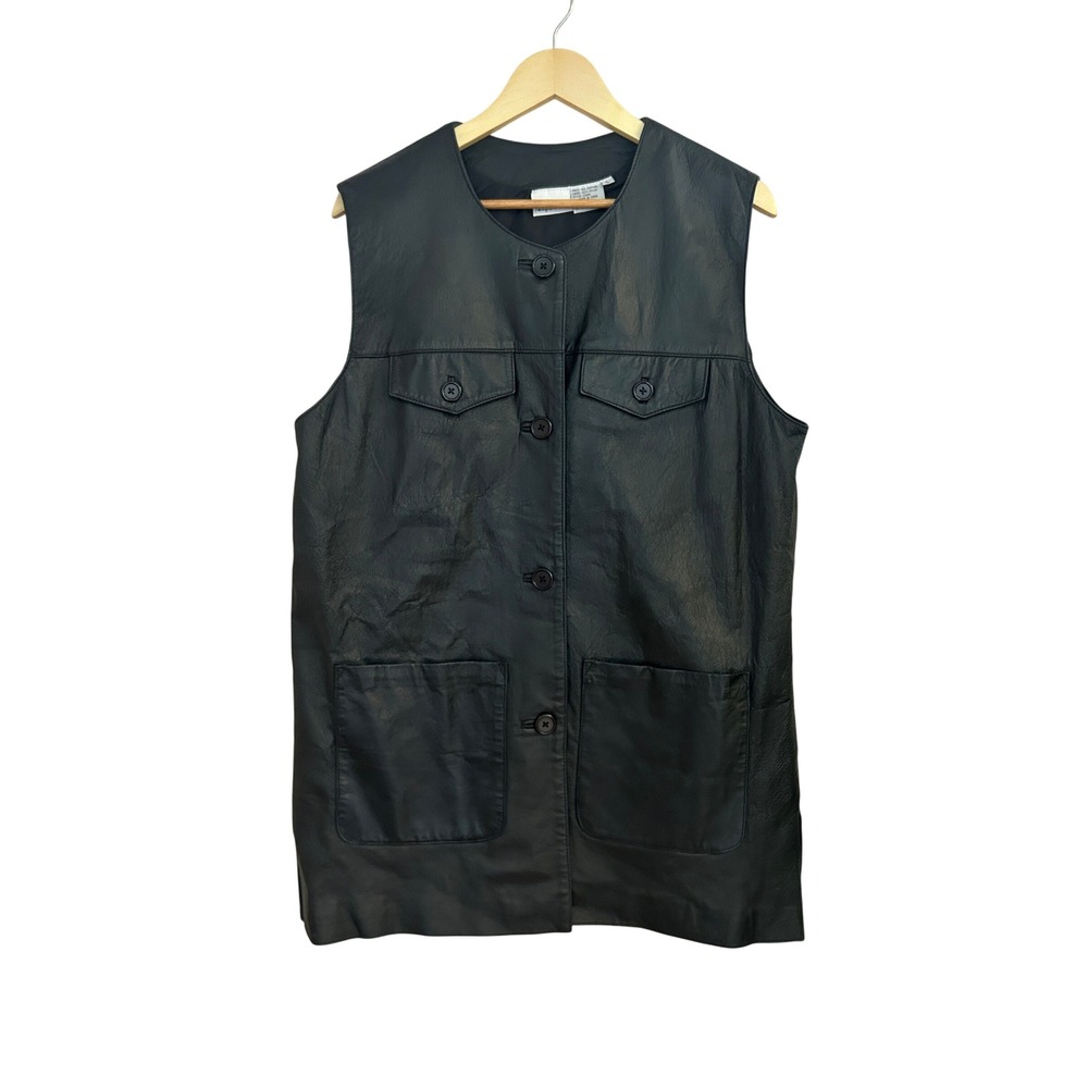 Newport News Womens Black Leather Longline Button Front Utility Vest Large
